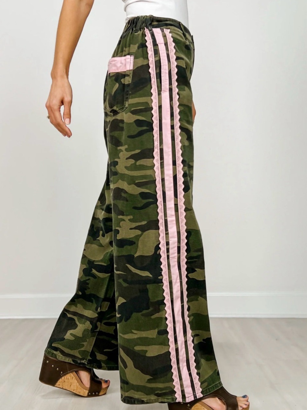 Camo Wide-Leg Pants with Pink Trim